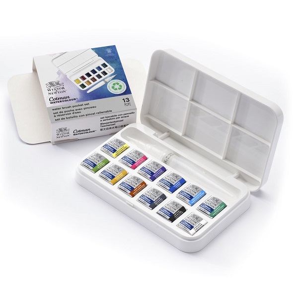 SET ACQUARELLI WINSOR & NEWTON COTMAN 12 1/2 GODET PENNELLO SERBATOIO
